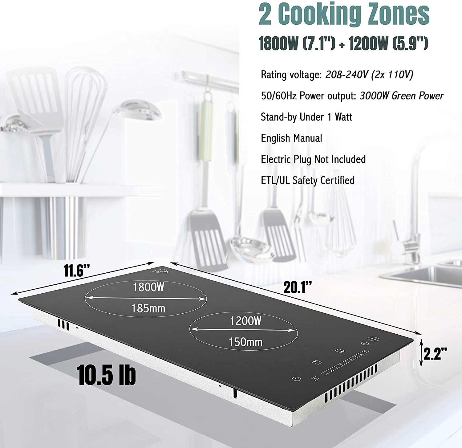 2 Burner Electric Cooktop 12 Inch, 3000W Electric Stove Top 220-240V,  Built-In E